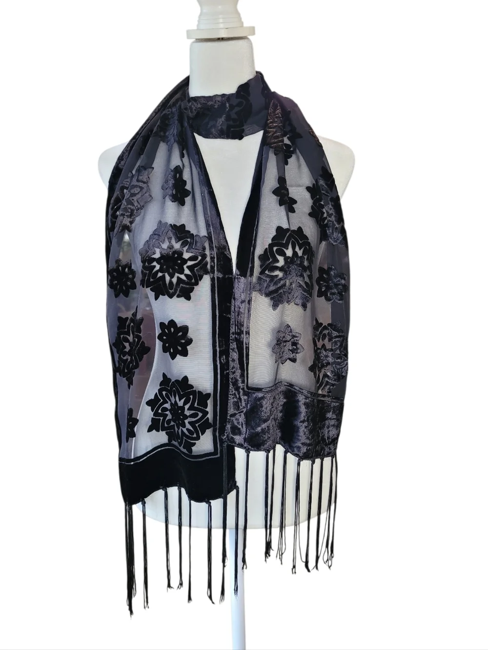 Whimsigoth Crushed Velvet Floral Sheer Lightweight Black Scarf W Long Fringe
